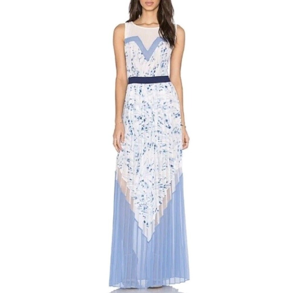 BCBG MAXAZRIA DRESS GOWN Katherine PLEATED BLUE WHITE Large Coquette Dainty Tea